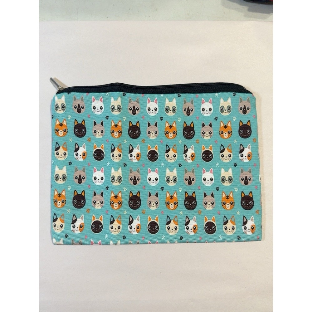 Z0237-Cat Makeup Bag Cosmetic Pouch Zipper Cute Kitty Print Blue Turquoise 9.5"